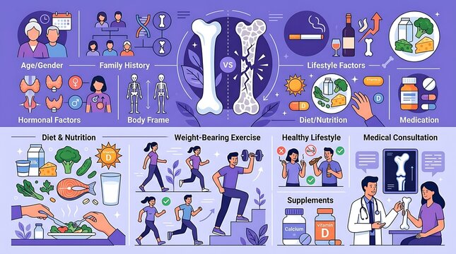 Infographic about bone health risk factors and prevention tips