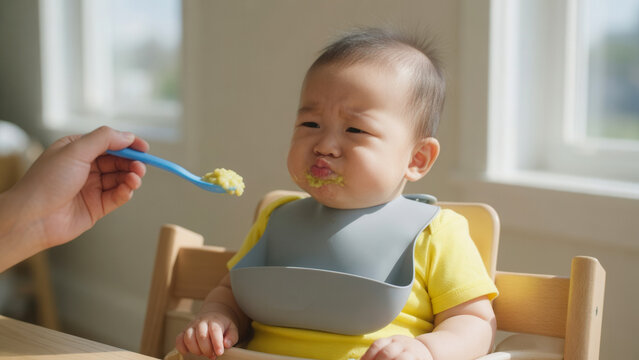 Asian baby making funny sour face while being spoon-fed in high chair, baby feeding and parental care in family mealtime