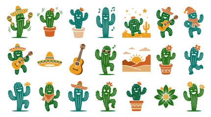 Naklejka premium Mexican Cactus Characters Flat Vector Illustration Set for Festive Fiesta and Desert Themes