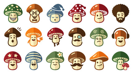 Obraz premium Cute Cartoon Mushroom Characters Flat Vector Illustration Set. Nature, Food, and Fungi Emoticon Design.