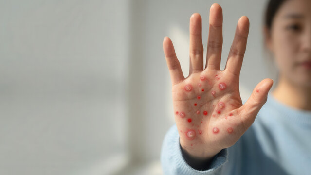 Female hand showing red spots and viral blisters, disease awareness and infection prevention in healthcare
