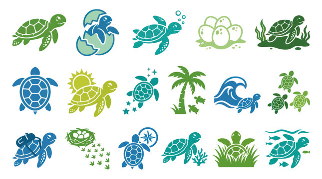 Nature and Marine Life: Flat Stylized Vector Icon Collection of Sea Turtles, Hatchlings, Eggs, and Ocean Elements