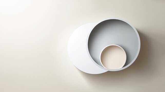 very clean 3d presentation background, different elegant white hues and shadings, 2 decent minimal paper circle cutouts