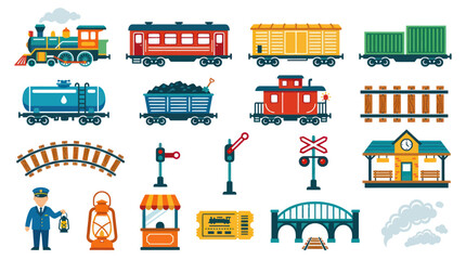 Naklejka premium Flat Vector Icons of Train and Railway Elements, Transportation and Industry