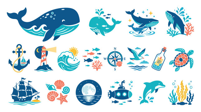Ocean Life Vector Icons: Whales, Dolphins, Turtles, Ships, and Lighthouses in Flat Style