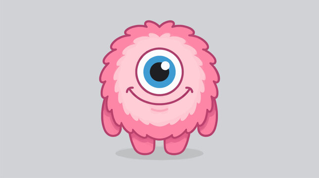 Cute Flat Pink Fluffy Monster with One Big Blue Eye and Short Stubby Legs, Smiling Friendly Expression, Simple Vector Illustration on Gray Background with Copy Space