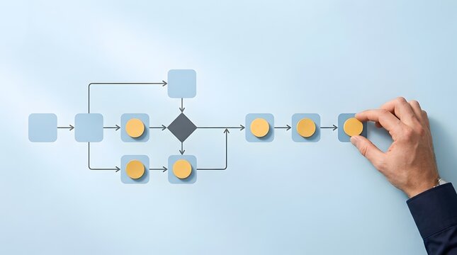 Business process management flowchart mapping sequence with hand completing strategic workflow diagram steps