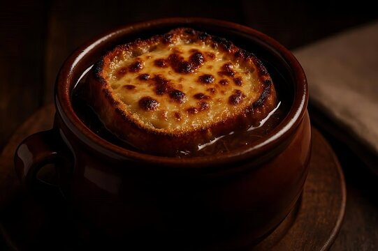 Classic French Onion Soup with Melted Gruyere Cheese Crust and Baguette Crouton