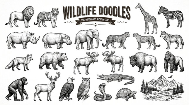 Hand Drawn Wildlife Animal Collection Featuring Detailed Sketch Style Illustrations of Exotic Forest and Savanna Creatures
