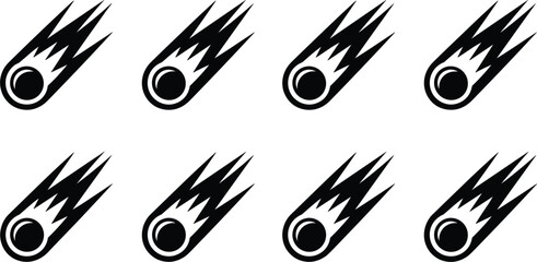 Set of black comet meteorite and asteroid icons, falling space rock silhouettes vector illustration isolated © Kaiyum