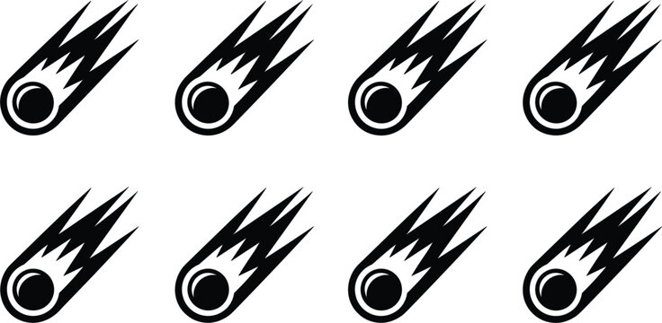 Set of black comet meteorite and asteroid icons, falling space rock silhouettes vector illustration isolated