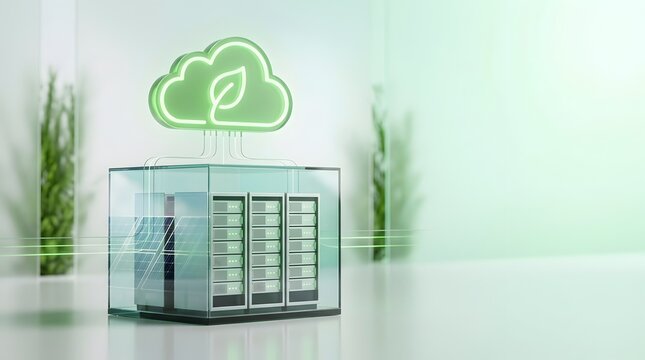 Solar powered green data center infrastructure showing glowing eco friendly leaf cloud over modern server hardware