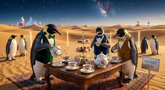 Surreal Scene of Elegant Penguins Having Afternoon Tea in a Vast Desert at Night