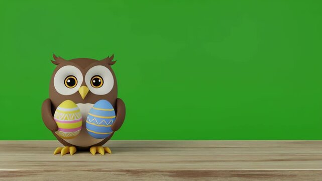 Cute owl character standing on wooden shelf with green screen background for animation