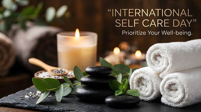 International self care day concept with spa stones and candles, well being