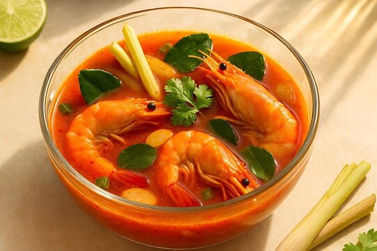 Spicy Thai Tom Yum Goong Soup with King Prawns and Lemongrass in Glass Bowl