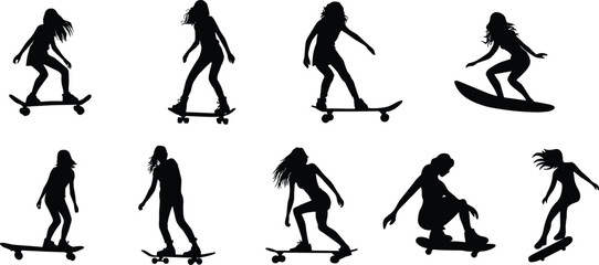 Skateboarding woman silhouette vector illustration set with active girls riding skateboards for urban street sport and youth lifestyle design. © Olivia