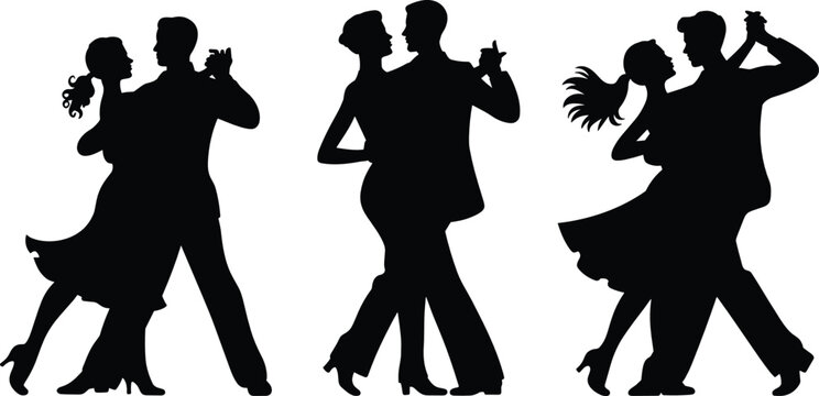 Dancing couple silhouette vector illustration set with elegant partners performing ballroom salsa tango and waltz for romantic celebration design.