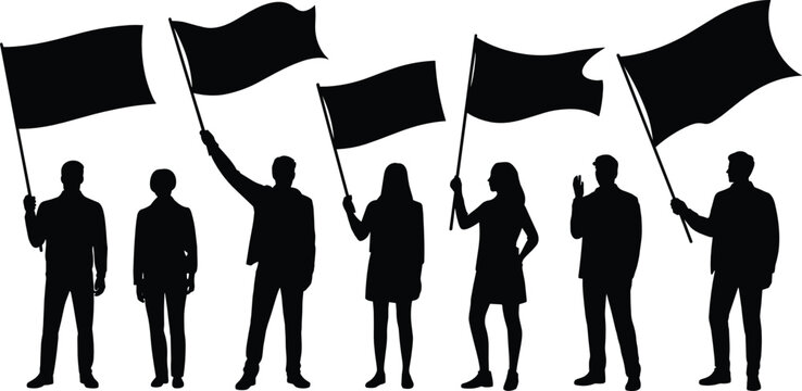 People waving flag silhouette vector illustration set with crowd protesting standing and marching for political revolution or sport parade design.