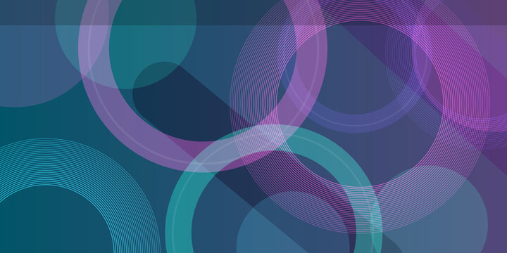 Abstract composition with geometric concentric circles and intersecting rings in shades of blue and purple linear digital art.