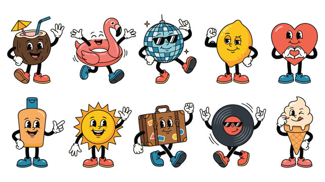 Summer vibe stickers collection with cute retro objects.