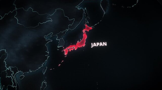 Widescreen geographic visualization of the Asian continent highlighting the Japanese territory in glowing red, perfect for corporate presentations and broadcast monitor backgrounds.


