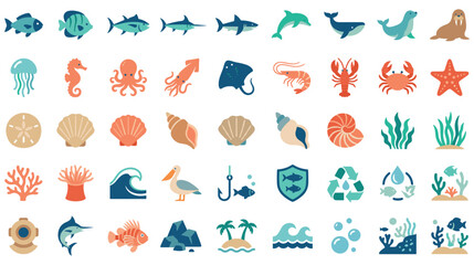 Marine life icons set with sea animals and ocean items. © GW