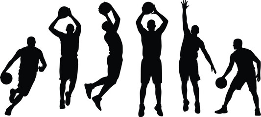 Basketball player silhouette vector illustration set with various male athletes jumping shooting dribbling and defending for tournament sports graphic design. © Olivia