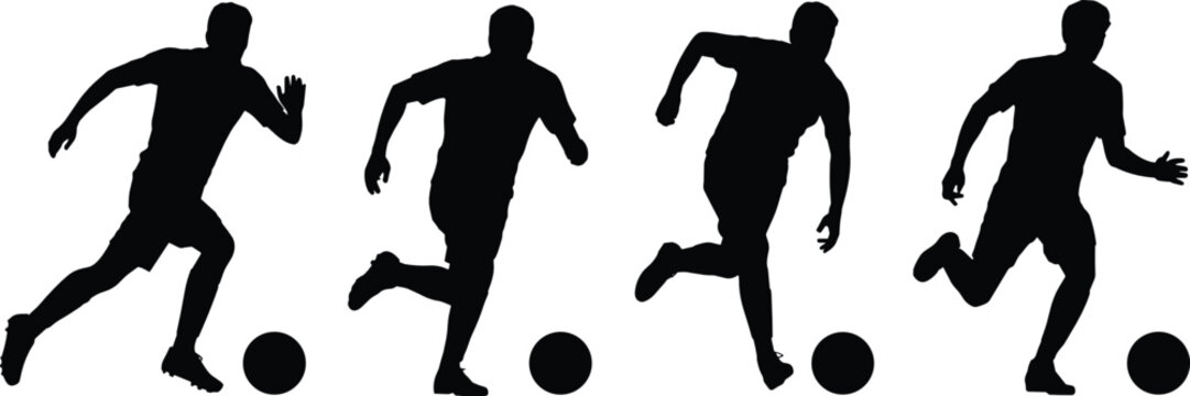 Soccer player silhouette vector illustration set with various male football athletes running sprinting and dribbling balls for sports tournament design.