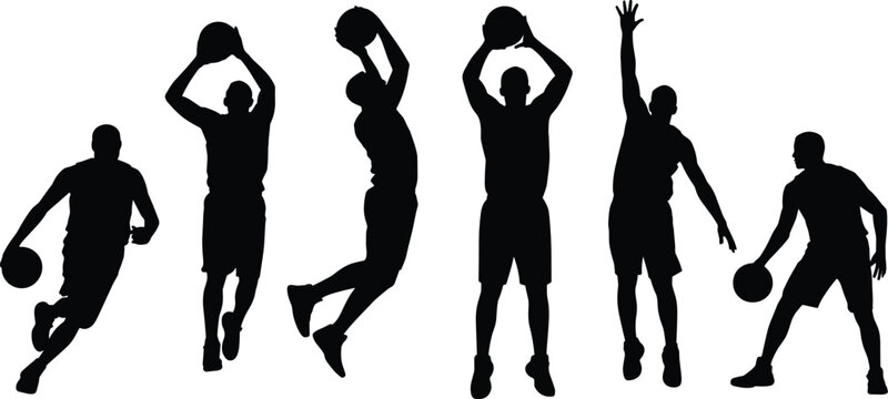 Basketball player silhouette vector illustration set with various male athletes jumping shooting dribbling and defending for tournament sports graphic design.