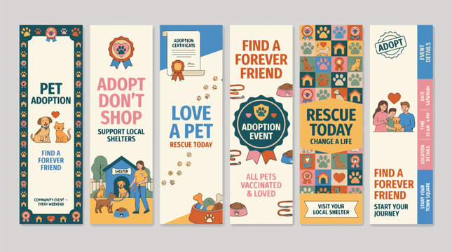 Pet adoption vertical banner set, animal rescue charity flyers with dog and cat illustrations, find a forever friend promotional web templates