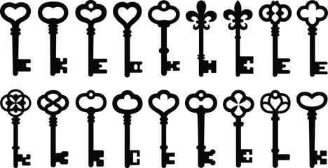 Skeleton key silhouette vector illustration set with various antique vintage locks heart bows and fleur de lis for mystery graphic design. © Olivia