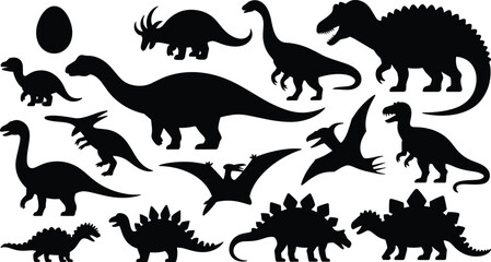 Dinosaur silhouette vector illustration set with various prehistoric reptile shapes like tyrannosaurus stegosaurus pterodactyl and dino egg for kids graphic design. © Olivia