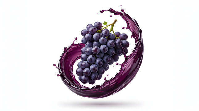 Realistic fresh purple grape cluster surrounded by a rich grape juice splash, isolated on a white background. Perfect for beverage advertising, wine, juice, packaging, and healthy food concepts.