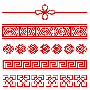Set of traditional red chinese style border elements and geometric frames including linear patterns and symmetrical knot motifs isolated on plain white background for festive graphic design projects.