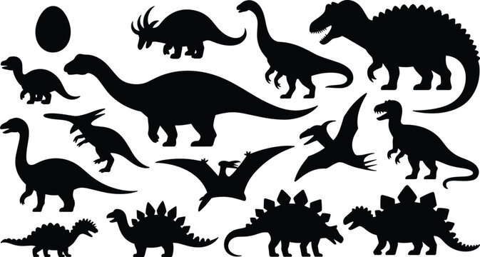 Dinosaur silhouette vector illustration set with various prehistoric reptile shapes like tyrannosaurus stegosaurus pterodactyl and dino egg for kids graphic design.