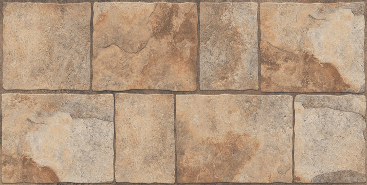 Rustic slate stone tile texture, weathered brown sandstone wall background, natural rock pavement surface for architectural design and 3D rendering