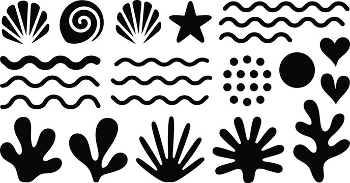 Seaweed and seashell silhouette vector illustration set with various marine corals wavy lines and starfish for ocean pattern graphic design.