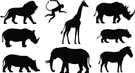 Safari animal silhouette vector illustration set with various wild african mammals like lion elephant giraffe rhino zebra and monkey for wildlife design. © Olivia