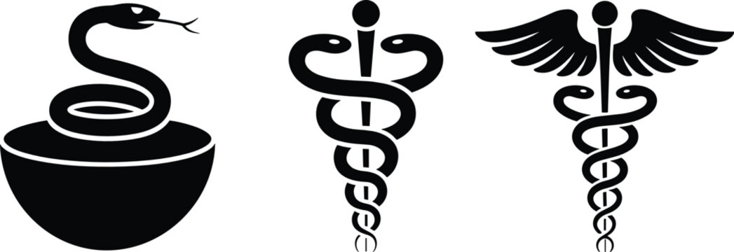 Caduceus and Rod of Asclepius vector icon set with various pharmacy snakes medical symbols and wings for healthcare graphic design.