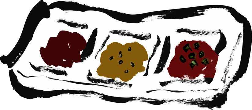 皿に入った焼き肉のタレ3種の手書き筆イラスト