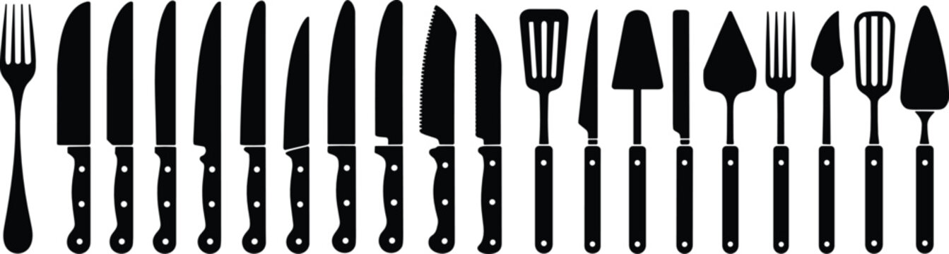 Kitchen knife silhouette vector illustration set with various chef knives spatulas cake servers and cooking utensils for culinary restaurant design.
