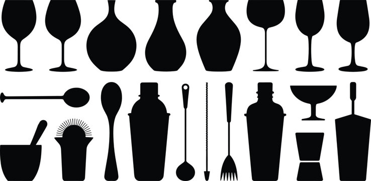 Bartender tool silhouette vector illustration set with various cocktail shakers wine glasses jiggers decanters and spoons for restaurant menu design.