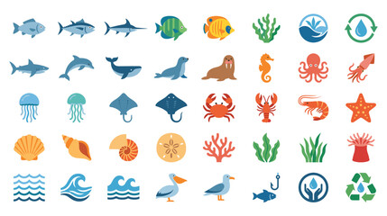 Ocean animals and sea life elements set in flat design. © GW