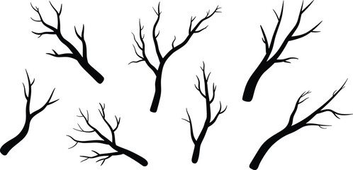 Fototapeta premium Bare branch silhouette vector illustration set with various dead tree twigs gnarled boughs and dry wood elements for autumn halloween landscape design.