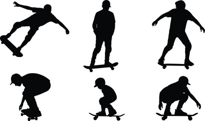 Skateboarder silhouette vector illustration set with various skater boy poses jumping tricks and riding positions for extreme sports graphic design. © Olivia