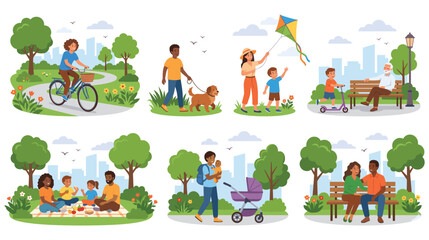 Fototapeta premium People outdoor park activities in various urban settings.