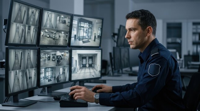 Man security guard or correction officer monitoring multiple CCTV surveillance camera feeds at a control room. Modern crime prevention technology.