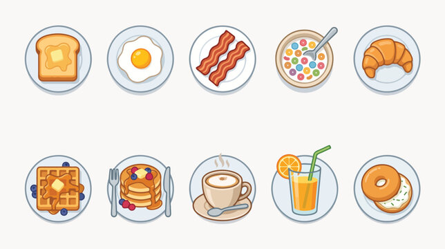 Colorful collection of diverse breakfast food icons featuring toast eggs bacon cereal croissant waffles pancakes coffee juice and fresh bagels