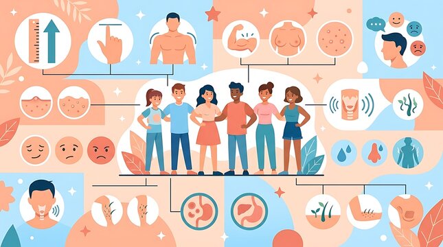 Diverse teenagers with physical and emotional puberty change icons